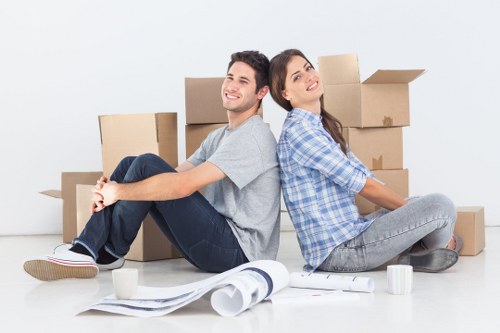 Office furniture and packed boxes prepared for a commercial move