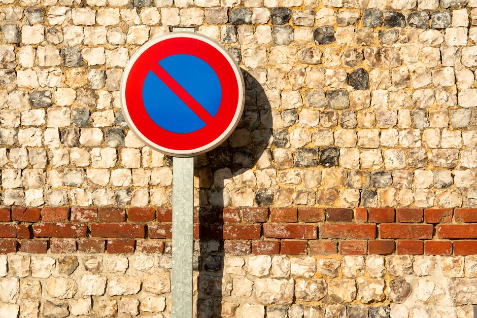 A circular traffic sign with a red border and a blue interior featuring a red diagonal line indicating no parking is mounted on a metal pole, casting a shadow on a textured brick wall composed of light and dark stones with a horizontal red brick stripe near the bottom. The sign is positioned near a property entrance or street scene involved in house removals or furniture transport, with natural lighting highlighting the sign and wall surface. This image relates to the planning needed for home relocation and moving logistics, as it emphasizes parking restrictions that can impact the loading process for a professional removals service such as Man with Van Neasden, especially on a moving day to avoid parking suspensions.